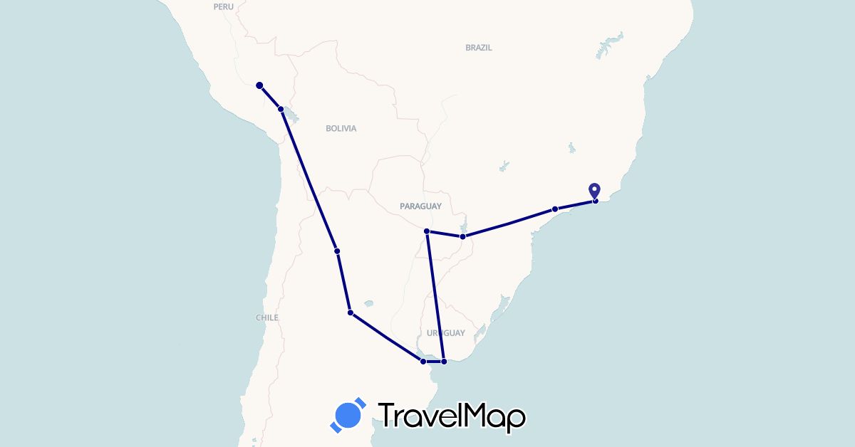 TravelMap itinerary: driving in Argentina, Brazil, Peru, Paraguay, Uruguay (South America)
